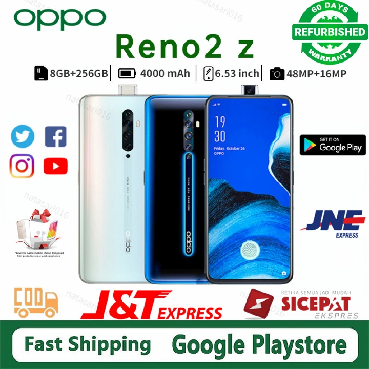 Refurbished OPPO Reno 2z 128GB+8GB 6.5 inch 48MP+16MP Camera Face Unlock Dual SIM Smart Phones
