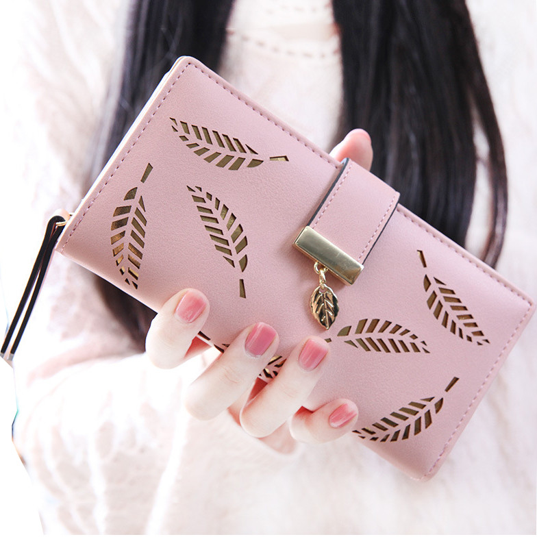 Women Wallet PU Leather Purse Female Long Wallet Gold Hollow Leaves Pouch Handbag  Coin Purse New card bag two-in-one female Korean version hollow long thin high-beauty zipper buckle