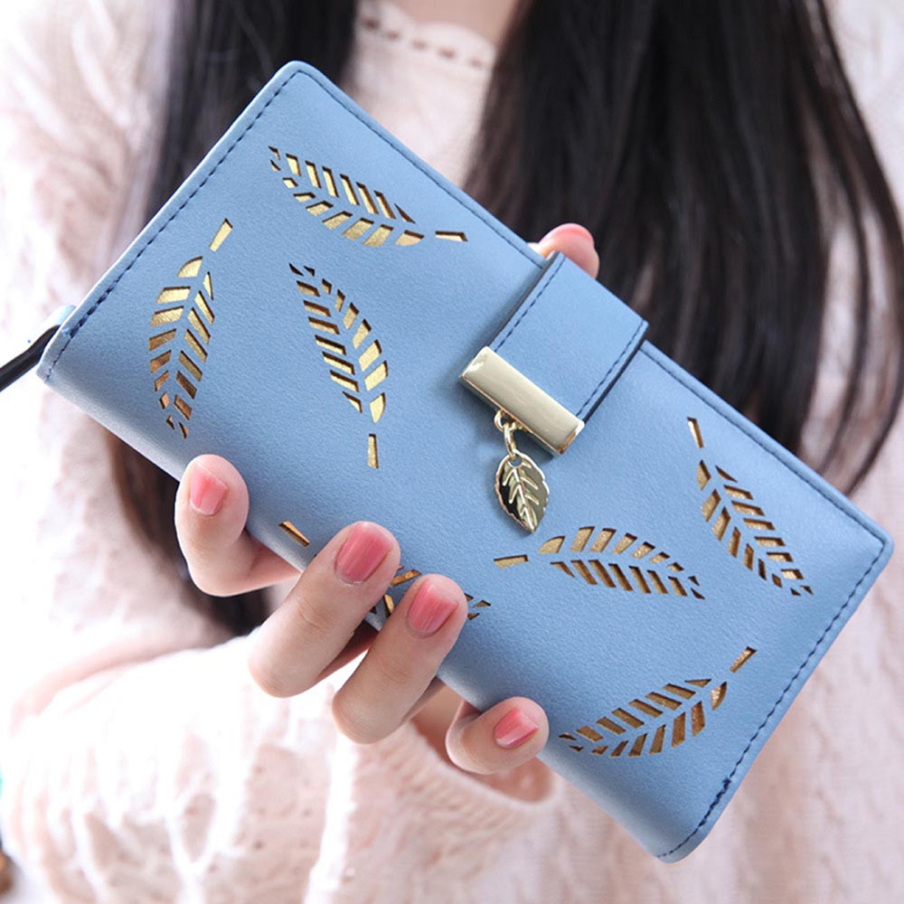 Women Wallet PU Leather Purse Female Long Wallet Gold Hollow Leaves Pouch Handbag  Coin Purse New card bag two-in-one female Korean version hollow long thin high-beauty zipper buckle