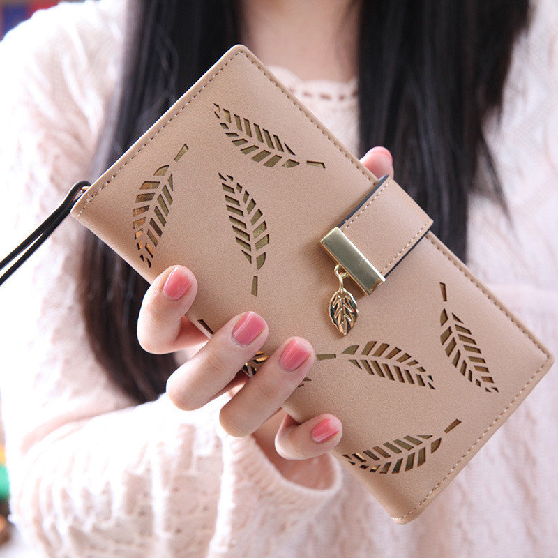 Women Wallet PU Leather Purse Female Long Wallet Gold Hollow Leaves Pouch Handbag  Coin Purse New card bag two-in-one female Korean version hollow long thin high-beauty zipper buckle