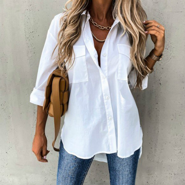 Spring White Black Loose Blouse Shirts Casual Women Asymmetrical Button Pocket Turn Down Tops