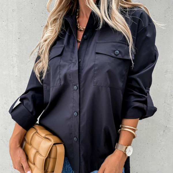 Spring White Black Loose Blouse Shirts Casual Women Asymmetrical Button Pocket Turn Down Tops
