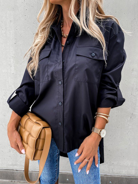Spring White Black Loose Blouse Shirts Casual Women Asymmetrical Button Pocket Turn Down Tops