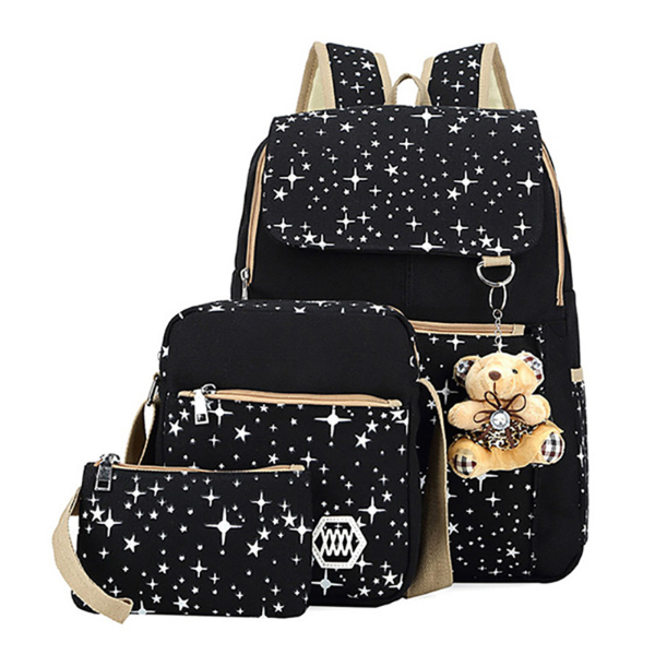 Three-Piece Preppy Cotton Canvas Travel Backpack For Student Books
