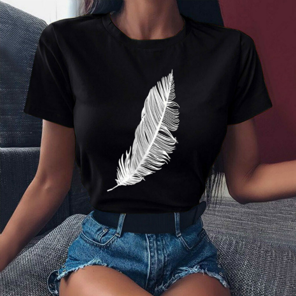 Women Casual Harajuku Fashion T-shirt Feather Print Loose O-neck Short Sleeve Elastic Stretched Tops