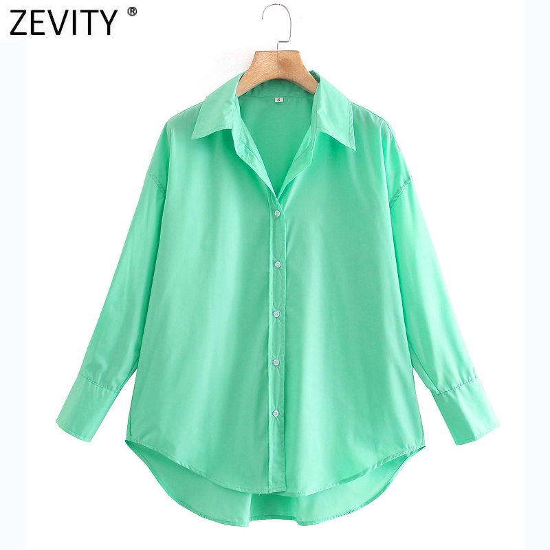 Zevity New Women Simply Candy COlor Single Breasted Poplin Shirts Office Lady Long Sleeve Tops