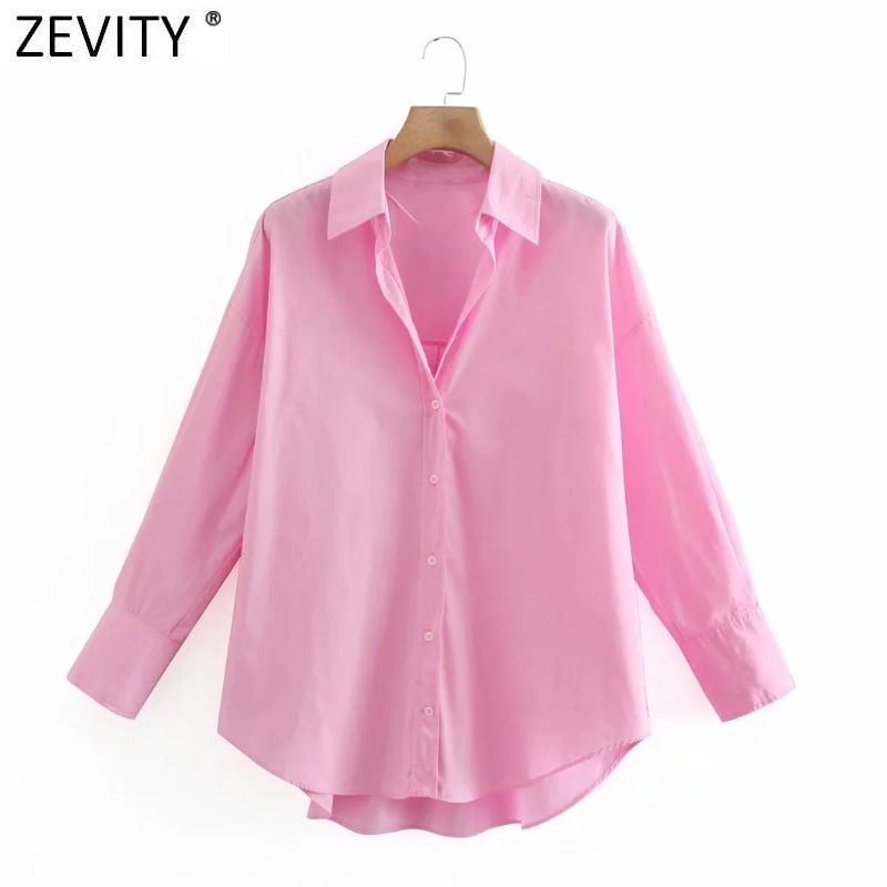 Zevity New Women Simply Candy COlor Single Breasted Poplin Shirts Office Lady Long Sleeve Tops