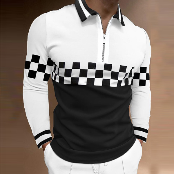 Autumn Casual Polo Shirt Men Fashion Print Black White Plaid Pattern Long Sleeve T-shirts & Polos