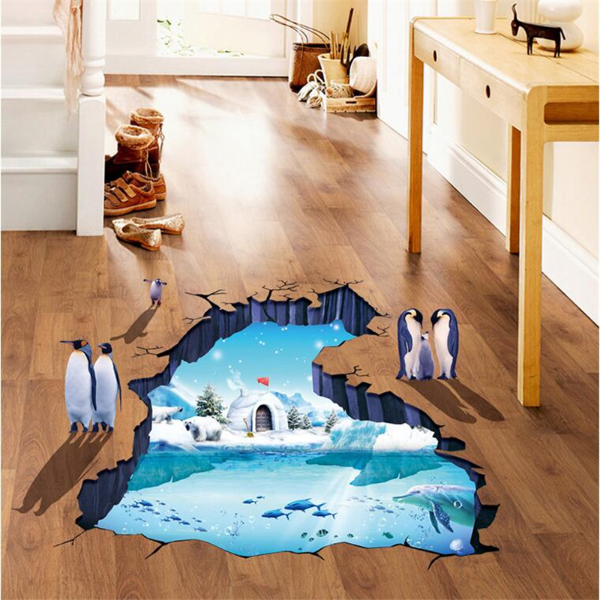 Cartoon 3D Antarctic Glacier Penguin Wall Sticker, Bathroom Kitchen Floor Sticker Home Decor
