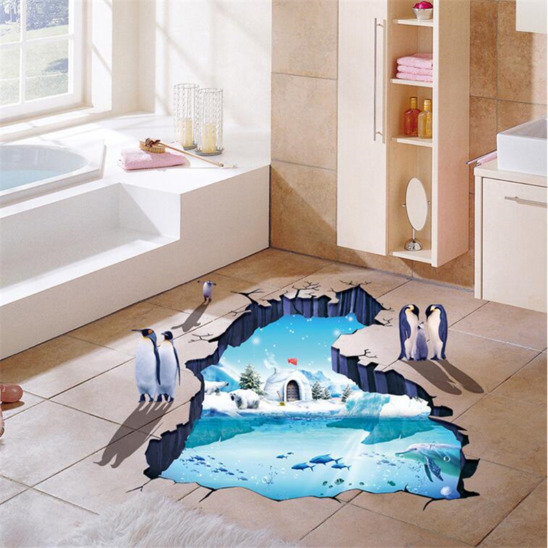 Cartoon 3D Antarctic Glacier Penguin Wall Sticker, Bathroom Kitchen Floor Sticker Home Decor