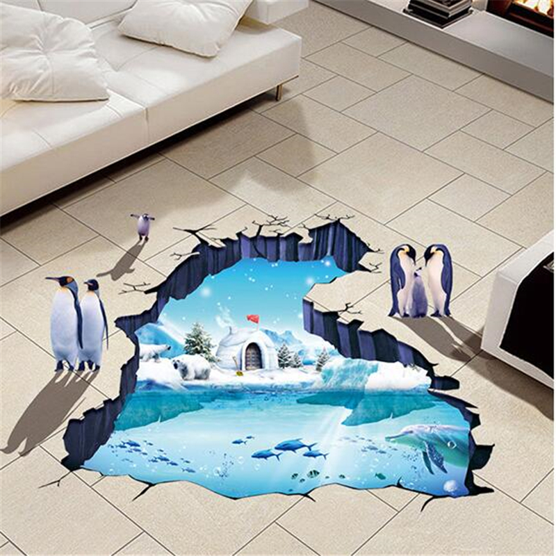 Cartoon 3D Antarctic Glacier Penguin Wall Sticker, Bathroom Kitchen Floor Sticker Home Decor