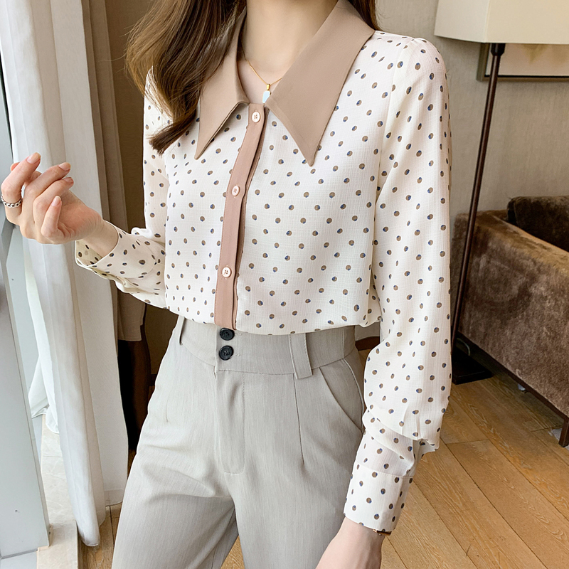 Dot Chiffon Women Shirts 2021 Fashion Doll Collar Shirt Long Sleeve Blouse Elegant Button Up Shirt Ladies Tops