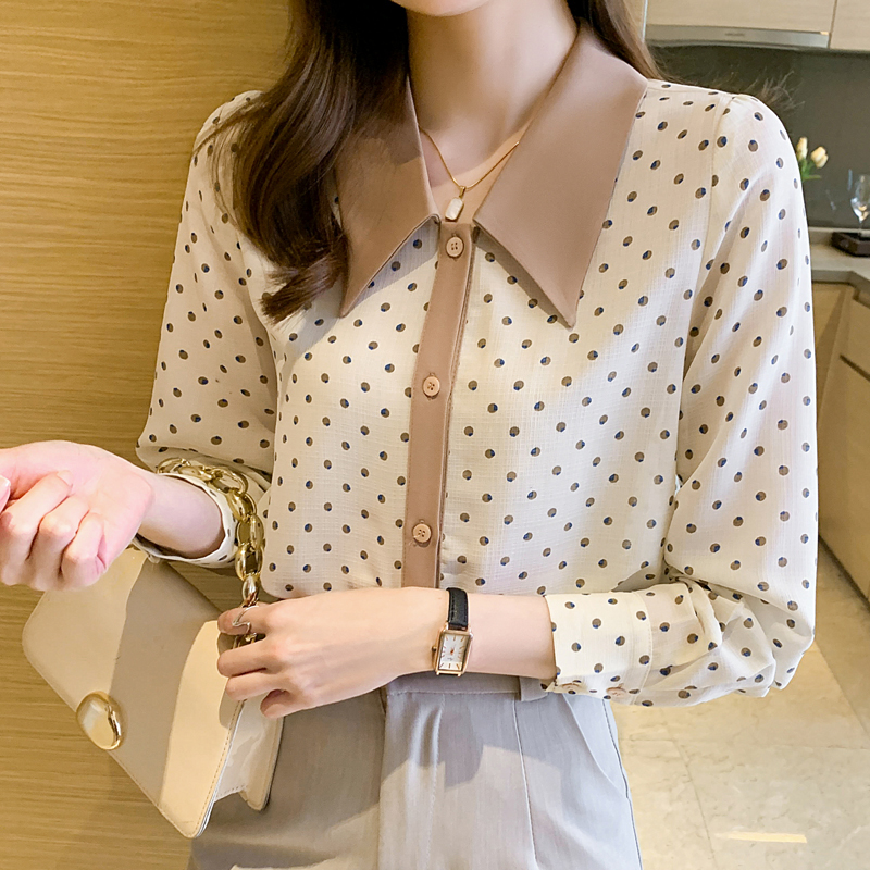 Dot Chiffon Women Shirts 2021 Fashion Doll Collar Shirt Long Sleeve Blouse Elegant Button Up Shirt Ladies Tops