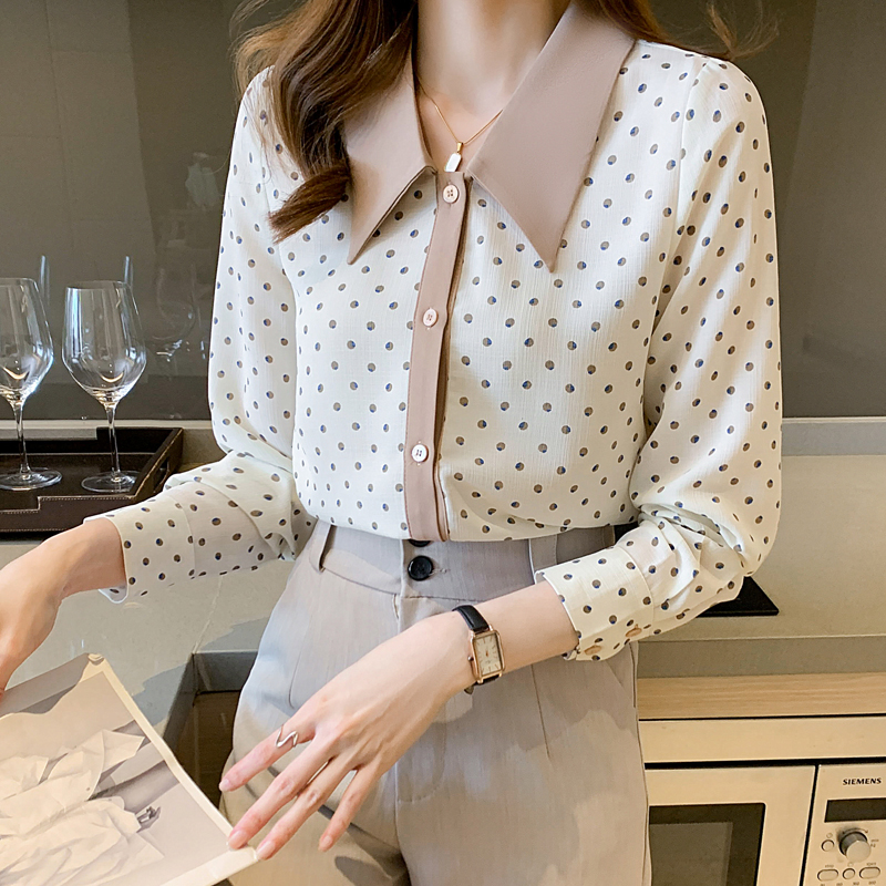 Dot Chiffon Women Shirts 2021 Fashion Doll Collar Shirt Long Sleeve Blouse Elegant Button Up Shirt Ladies Tops