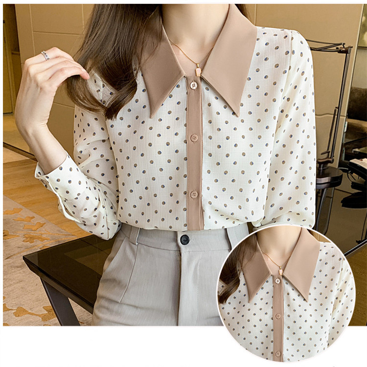 Dot Chiffon Women Shirts 2021 Fashion Doll Collar Shirt Long Sleeve Blouse Elegant Button Up Shirt Ladies Tops