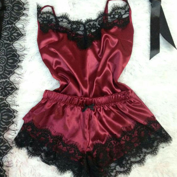 Women's Imitation Silk Lace Halter Underwear Home Wear Two-Piece Set