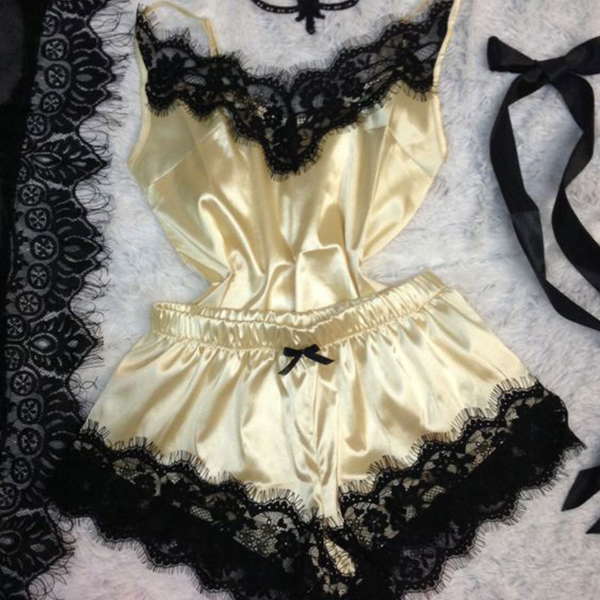 Women's Imitation Silk Lace Halter Underwear Home Wear Two-Piece Set