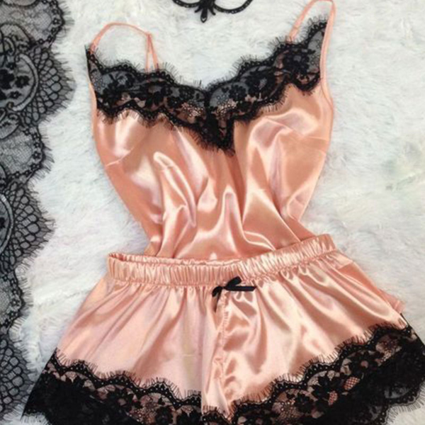 Women's Imitation Silk Lace Halter Underwear Home Wear Two-Piece Set