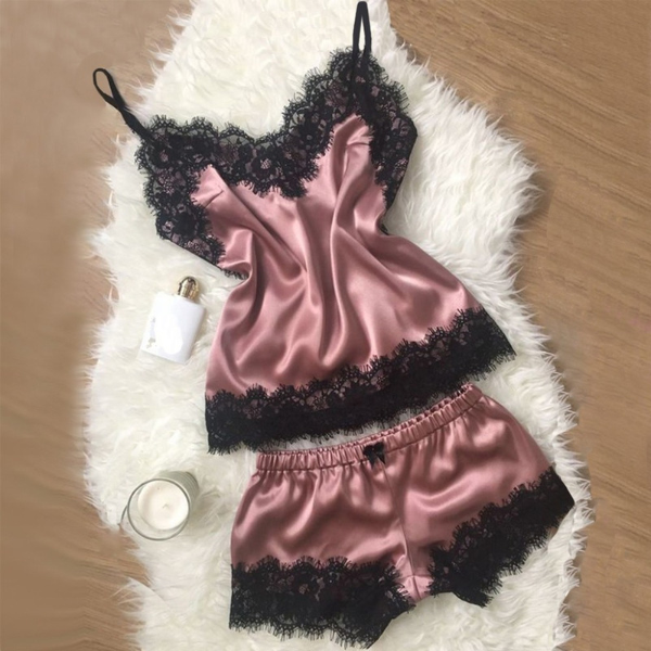 Women's Imitation Silk Lace Halter Underwear Home Wear Two-Piece Set