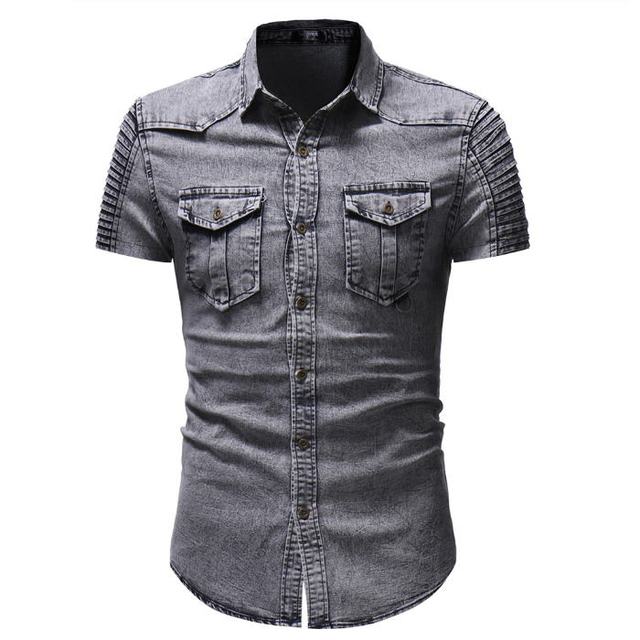 New Short Sleeves Men's Shirts Short Fold Sleeve Pocket Shirts Fashion Casual Solid Denim Shirts Camiseta Shirts