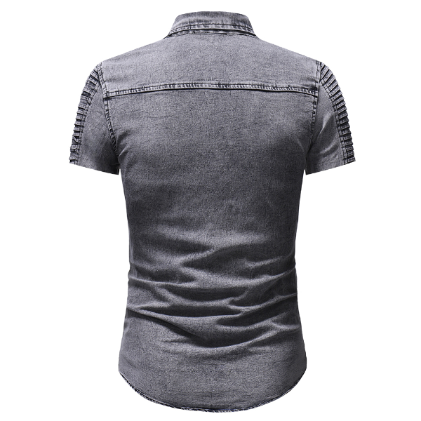 New Short Sleeves Men's Shirts Short Fold Sleeve Pocket Shirts Fashion Casual Solid Denim Shirts Camiseta Shirts