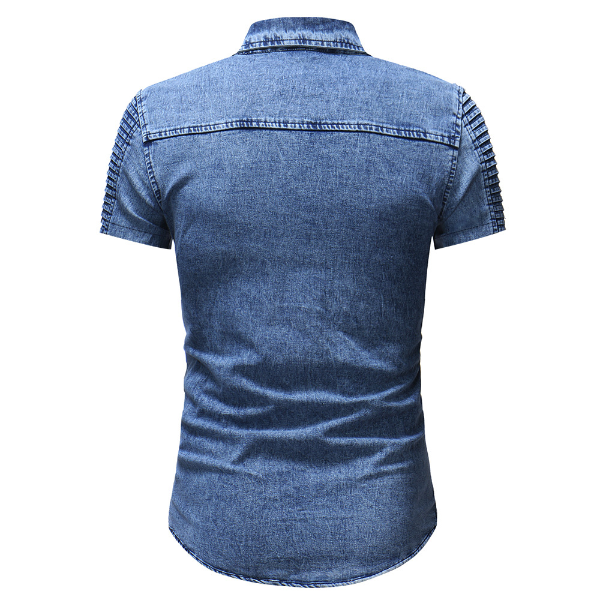New Short Sleeves Men's Shirts Short Fold Sleeve Pocket Shirts Fashion Casual Solid Denim Shirts Camiseta Shirts