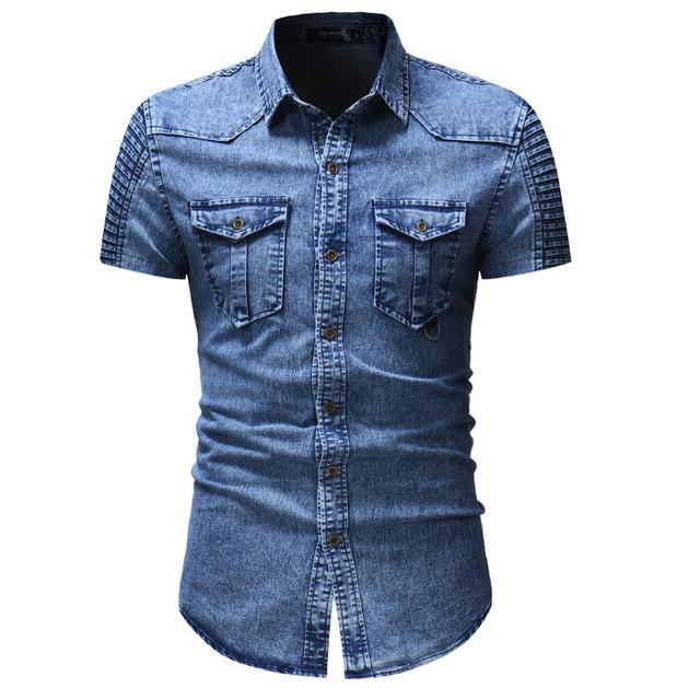 New Short Sleeves Men's Shirts Short Fold Sleeve Pocket Shirts Fashion Casual Solid Denim Shirts Camiseta Shirts