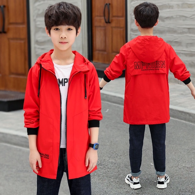 Teens Boys Trench Coat Children ZipperJacket Autumn Trench  Korean Kids Fashion Hooded Solid Letter Coats & Jackets