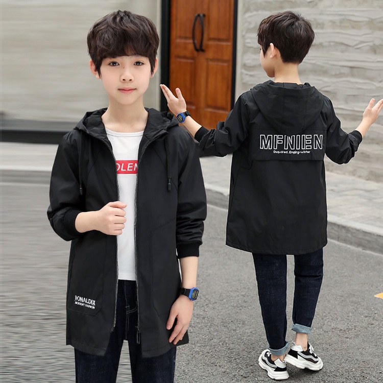 Teens Boys Trench Coat Children ZipperJacket Autumn Trench  Korean Kids Fashion Hooded Solid Letter Coats & Jackets