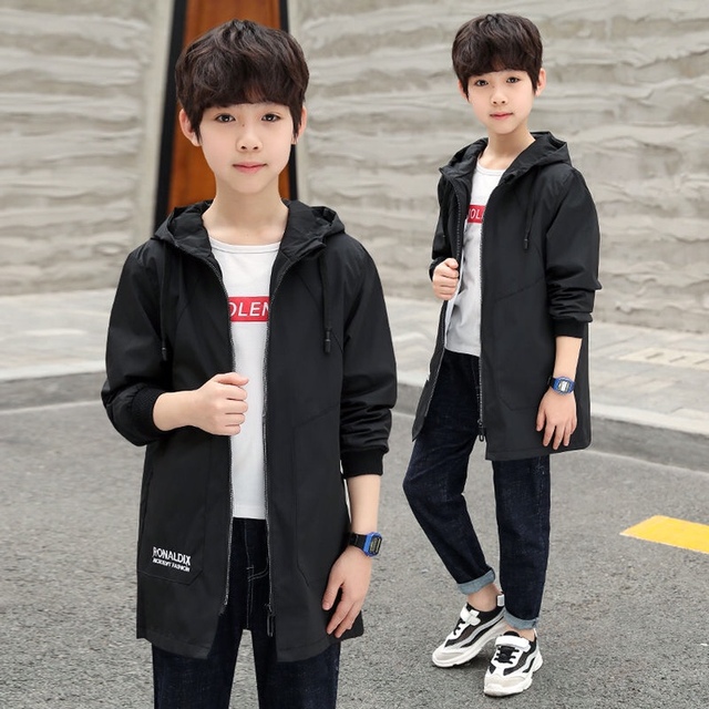 Teens Boys Trench Coat Children ZipperJacket Autumn Trench  Korean Kids Fashion Hooded Solid Letter Coats & Jackets