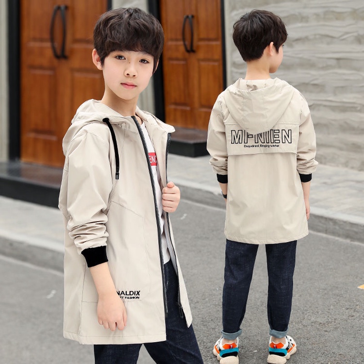 Teens Boys Trench Coat Children ZipperJacket Autumn Trench  Korean Kids Fashion Hooded Solid Letter Coats & Jackets