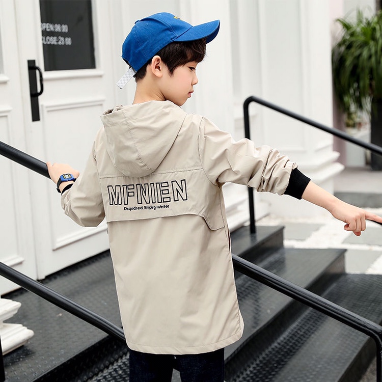 Teens Boys Trench Coat Children ZipperJacket Autumn Trench  Korean Kids Fashion Hooded Solid Letter Coats & Jackets