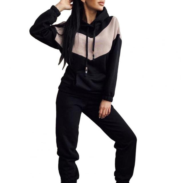 Elegant Solid Sports Sets For Women Hoodie Sweatshirts Pants Set Hooded Drawstring Female Contrast Suits & Separates