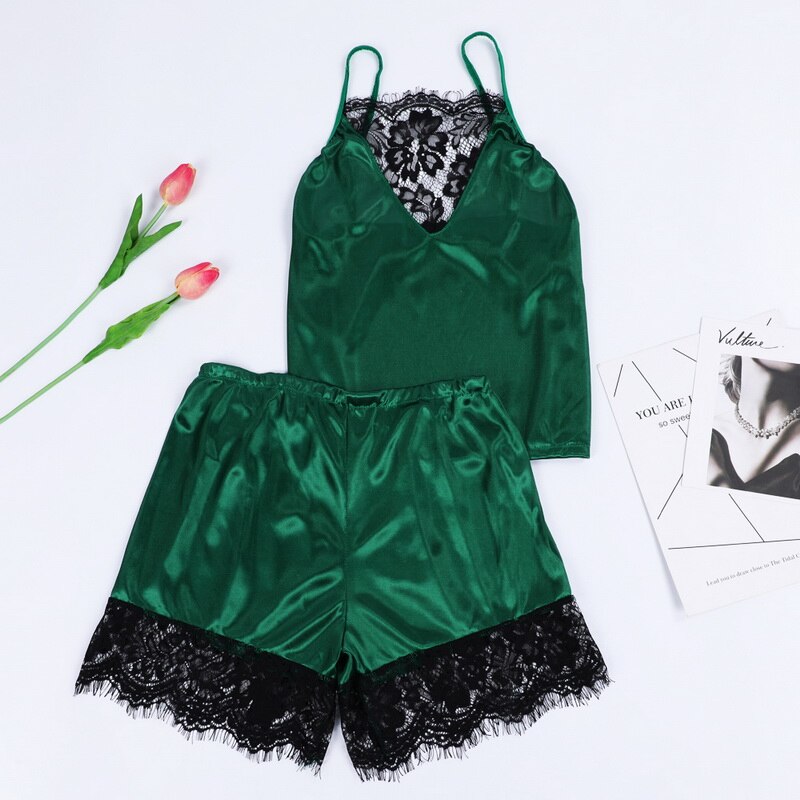 Sexy Women Lace Pajama Sets 2021 Sleeveless Strap Sleepwear 2 Pcs Trim Satin Cami Top Nightwear Sleepwear