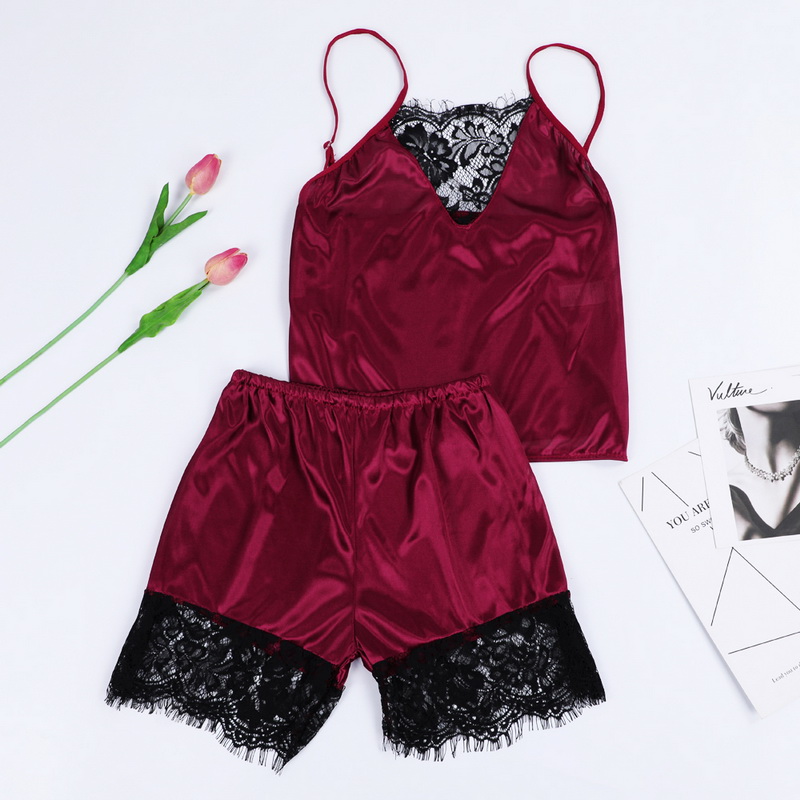 Sexy Women Lace Pajama Sets 2021 Sleeveless Strap Sleepwear 2 Pcs Trim Satin Cami Top Nightwear Sleepwear