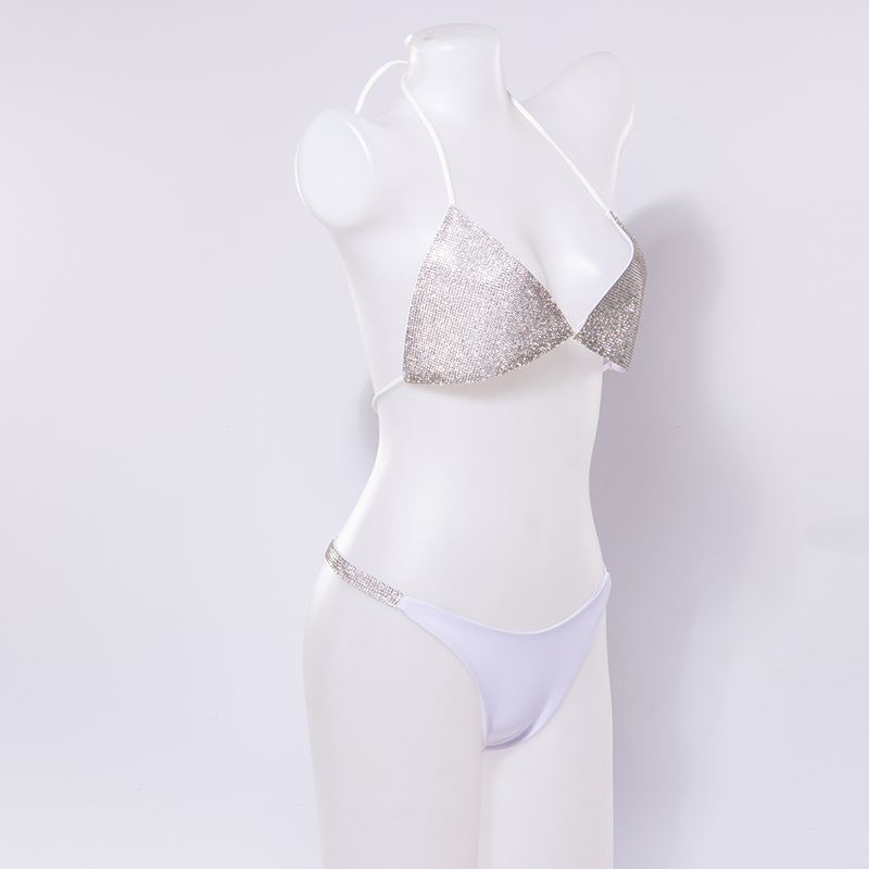 Bikini Set Women Luxury Bling Rhinestone Sliver Crystal Diamond Sexy Swimsuit Halter Push Up Bandage Swimwear  Lingerie