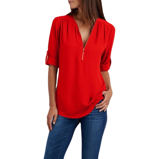 Women Summer Autumn Long Sleeve Chiffon Blouses and Shirts Zipper V-neck Plus Size Loose Shirt Tops Ladies Casual  Tops