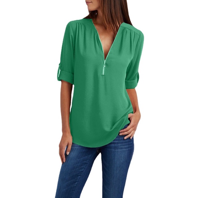 Women Summer Autumn Long Sleeve Chiffon Blouses and Shirts Zipper V-neck Plus Size Loose Shirt Tops Ladies Casual  Tops