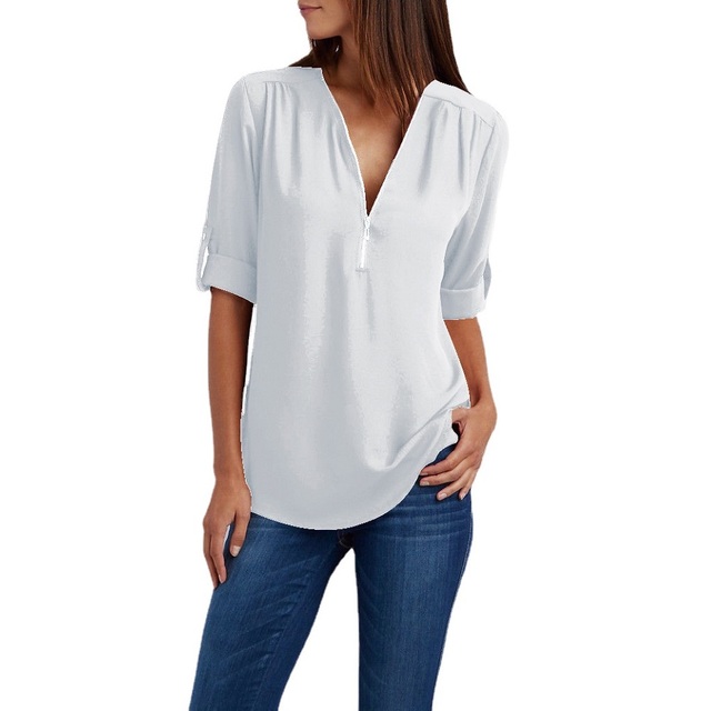 Women Summer Autumn Long Sleeve Chiffon Blouses and Shirts Zipper V-neck Plus Size Loose Shirt Tops Ladies Casual  Tops