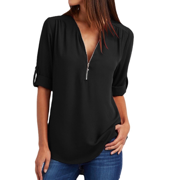 Women Summer Autumn Long Sleeve Chiffon Blouses and Shirts Zipper V-neck Plus Size Loose Shirt Tops Ladies Casual  Tops