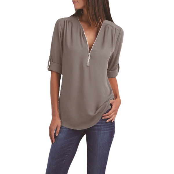 Women Summer Autumn Long Sleeve Chiffon Blouses and Shirts Zipper V-neck Plus Size Loose Shirt Tops Ladies Casual  Tops