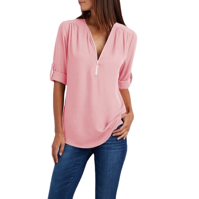 Women Summer Autumn Long Sleeve Chiffon Blouses and Shirts Zipper V-neck Plus Size Loose Shirt Tops Ladies Casual  Tops