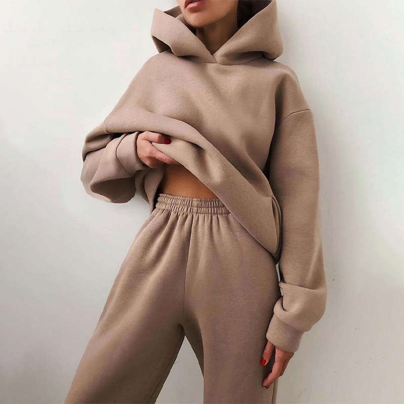 Women's Tracksuit Casual Solid Long Sleeve Hooded Sport Suits Autumn Warm Hoodie Sweatshirts and Long Pant  Suits & Separates