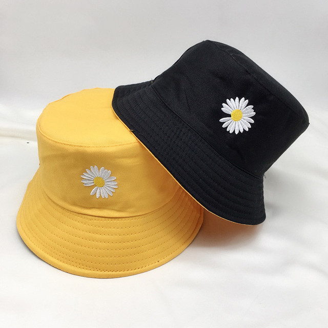 Summer Daisy Embroidery Bucket Hat For Women Girls Foldable Sun Visor Cotton Caps Large Wide Brim Beach Panama  Hats & Caps