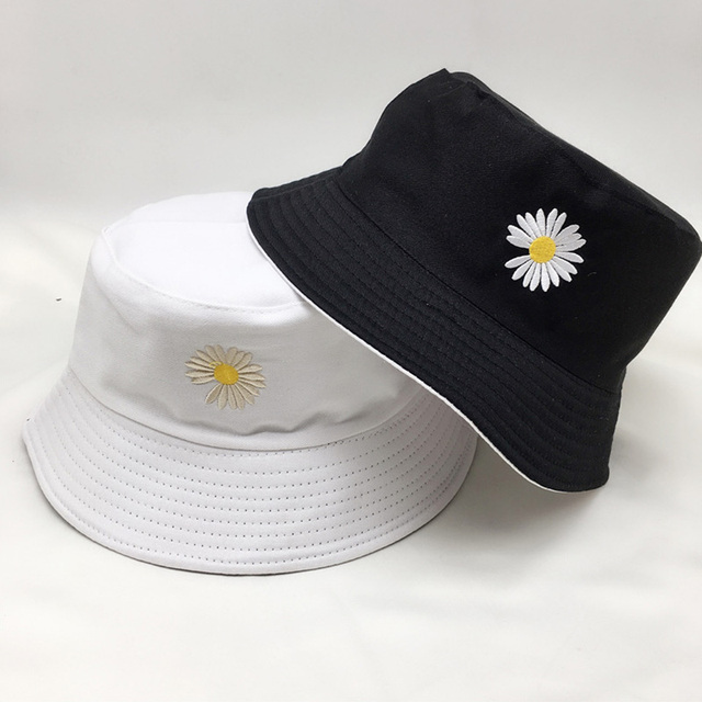 Summer Daisy Embroidery Bucket Hat For Women Girls Foldable Sun Visor Cotton Caps Large Wide Brim Beach Panama  Hats & Caps