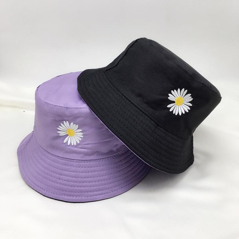 Summer Daisy Embroidery Bucket Hat For Women Girls Foldable Sun Visor Cotton Caps Large Wide Brim Beach Panama  Hats & Caps