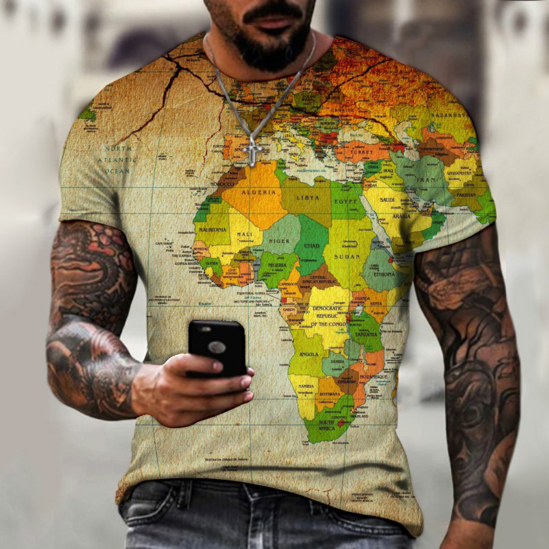 New Men's T-shirts 3D World Map Graphic T-shirt Everyday Casual Tops Summer Fashion Short Sleeve High Street  T-shirts & Polos