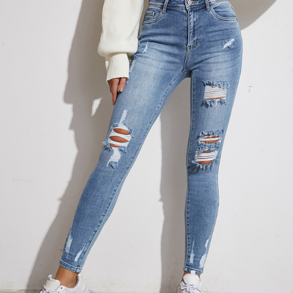 Light Blue Sexy Skinny Women Jeans Stretch Butt Lift Ripped Hole Denim Pants Lady Clothes Girls Tight Trousers & Leggings