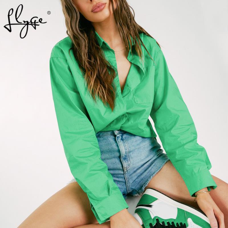Oversized Shirt Women Top Elegant Long Sleeve Office Lady Mid-length Shirts Female Spring Turn-down Collar Chic Basic Tops