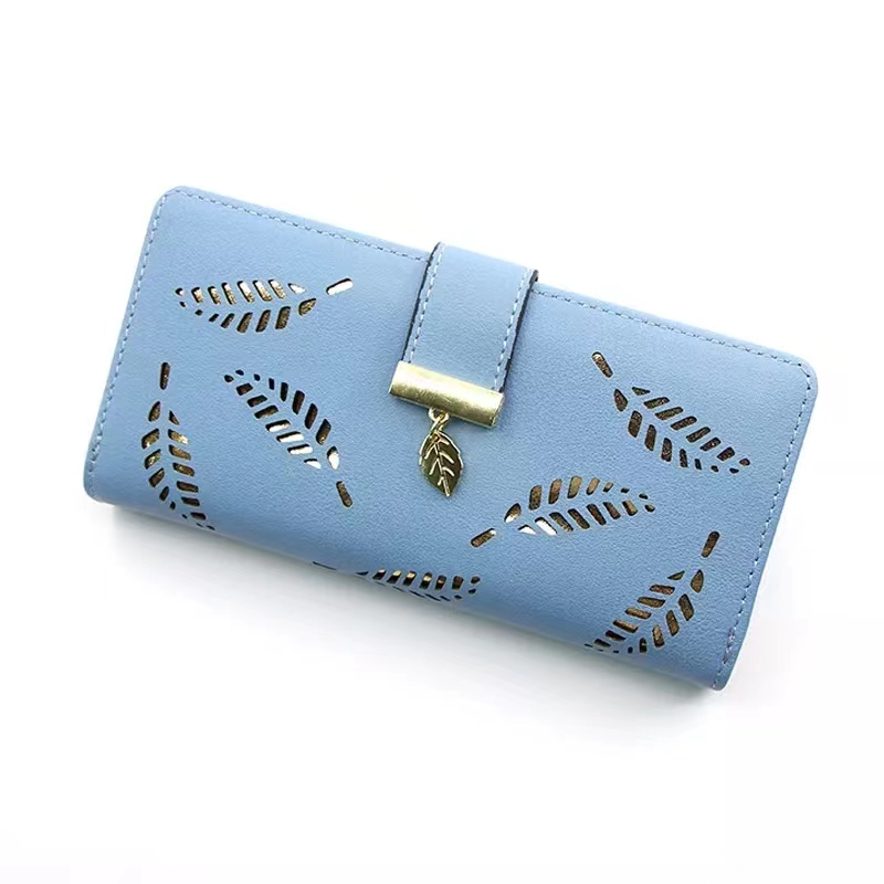 Women Wallet PU Leather Purse Female Long Wallet Gold Hollow Leaves Pouch Handbag  Coin Purse New card bag two-in-one female Korean version hollow long thin high-beauty zipper buckle